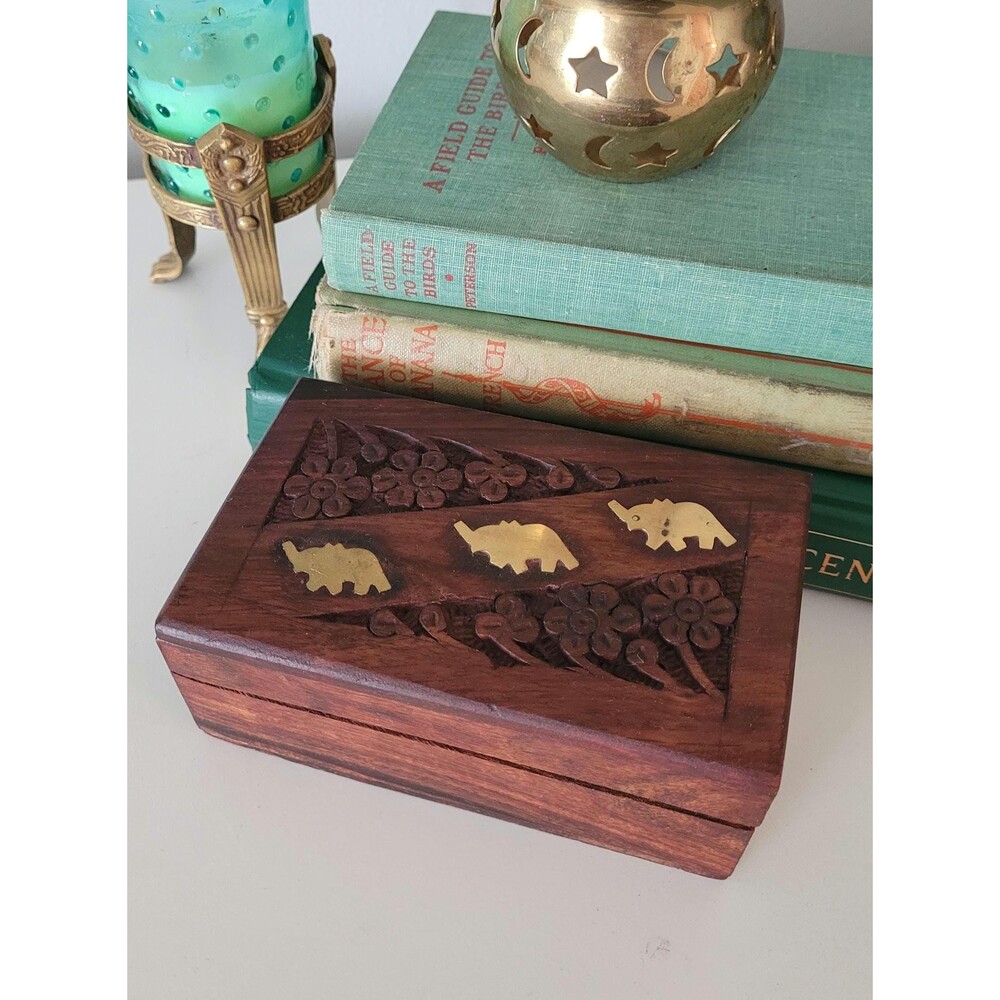 Vintage Hand Carved Wood Indian Rosewood Trinket Jewelry Box Brass Elephants